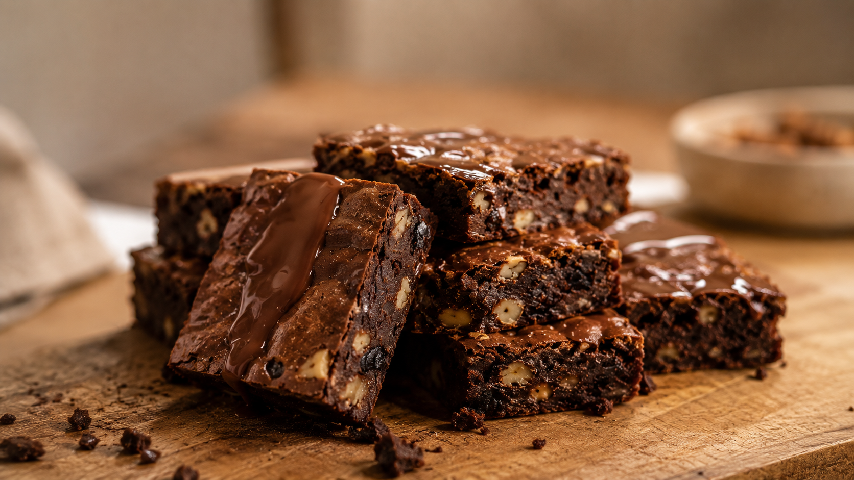 Signature fudge brownies with glossy crackled tops and rich fudgy centers