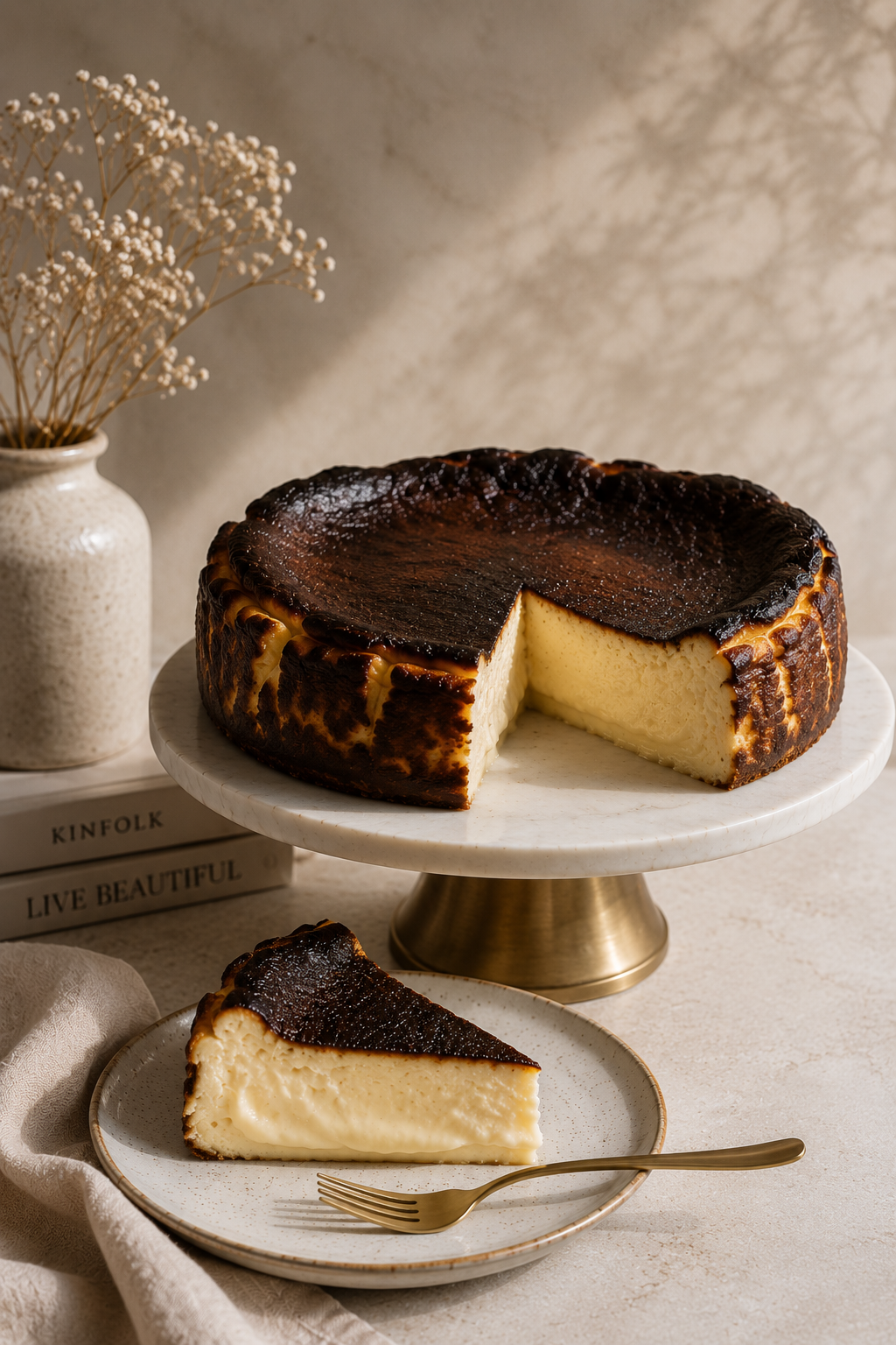 Burnt Basque cheesecake on parchment paper with one slice cut