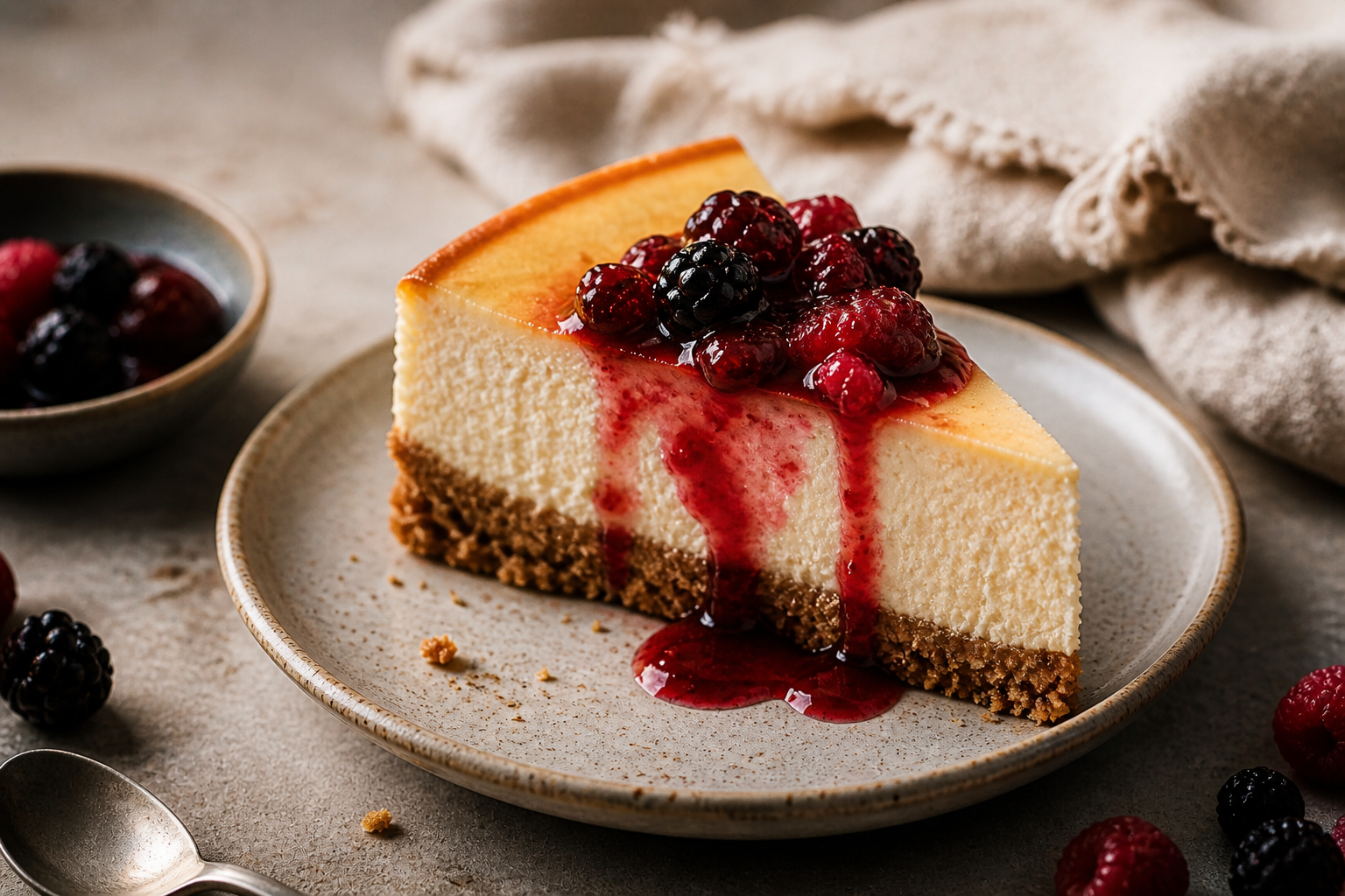 Gluten-free sugar-free cheesecake slice with berry topping and toasted nut crust