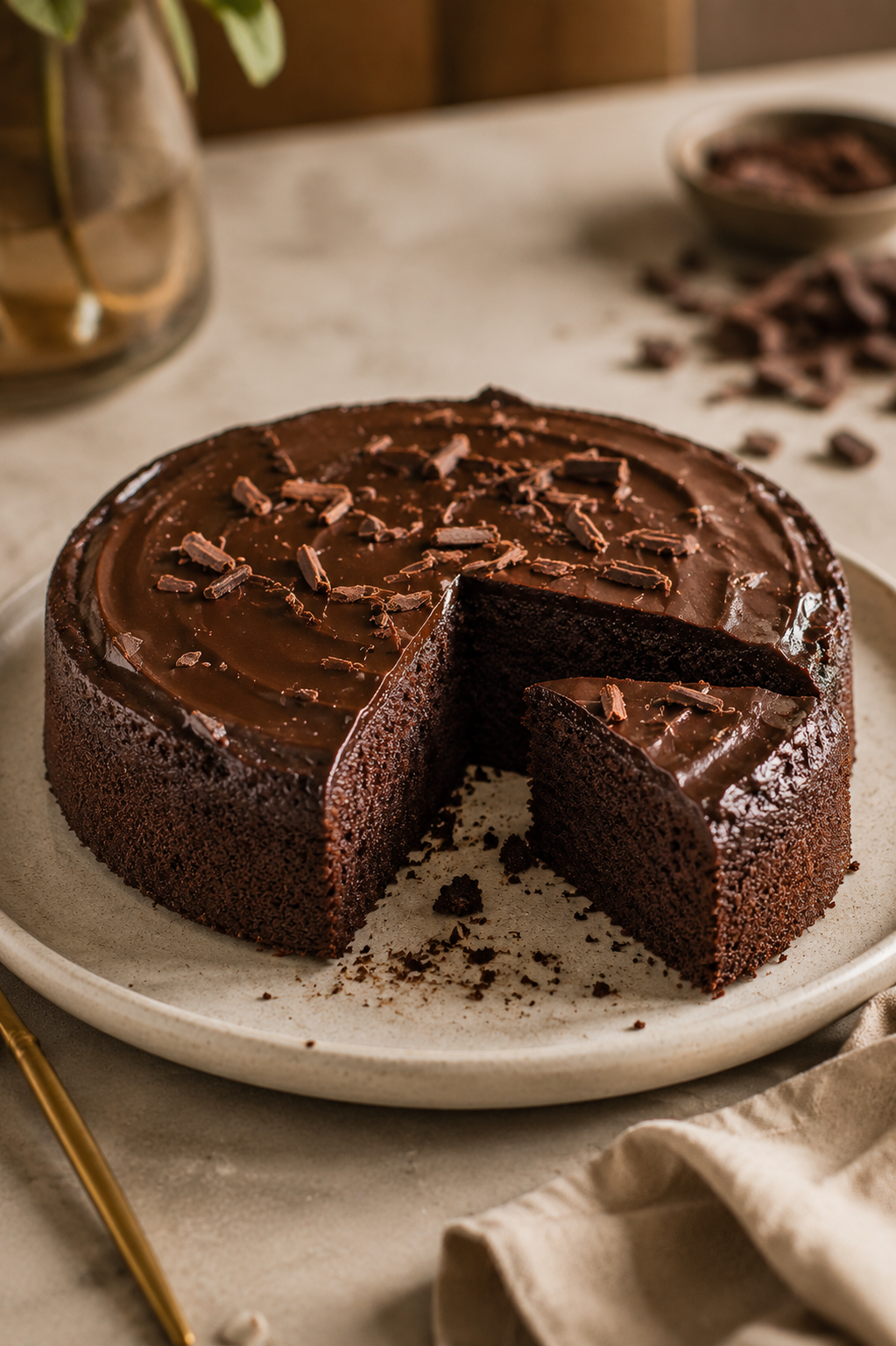 Glossy chocolate olive oil cake with a visible slice and warm luxury styling