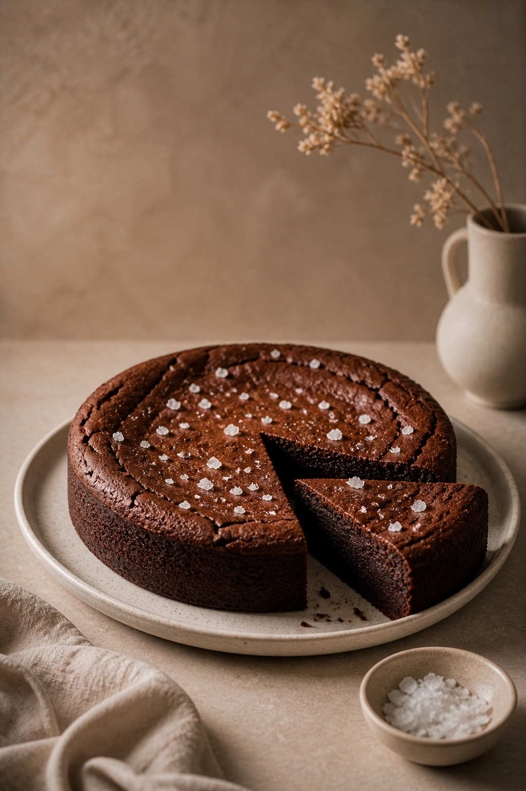 Flourless olive oil chocolate cake with flaky sea salt and a sliced wedge