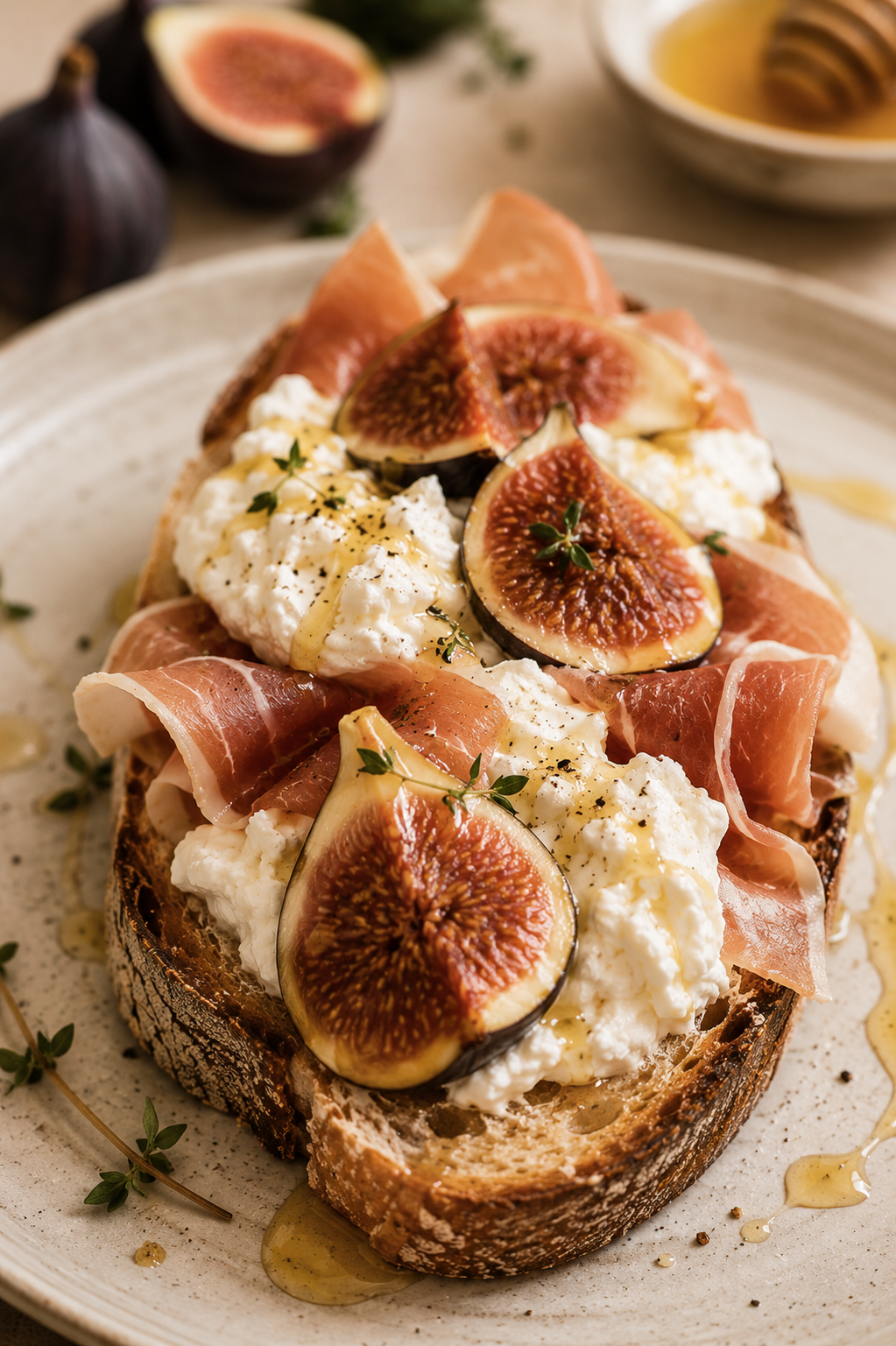 Fig tartine with prosciutto, creamy cheese, honey drizzle, and rustic sourdough