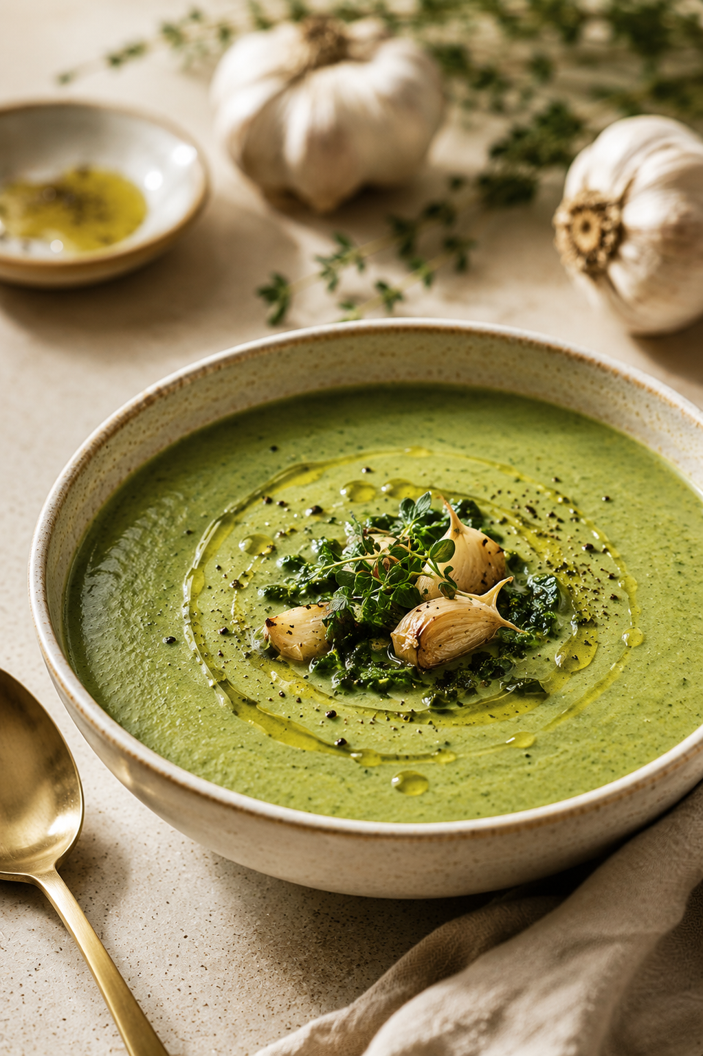 Silky roasted garlic green soup with olive oil swirl and roasted garlic garnish