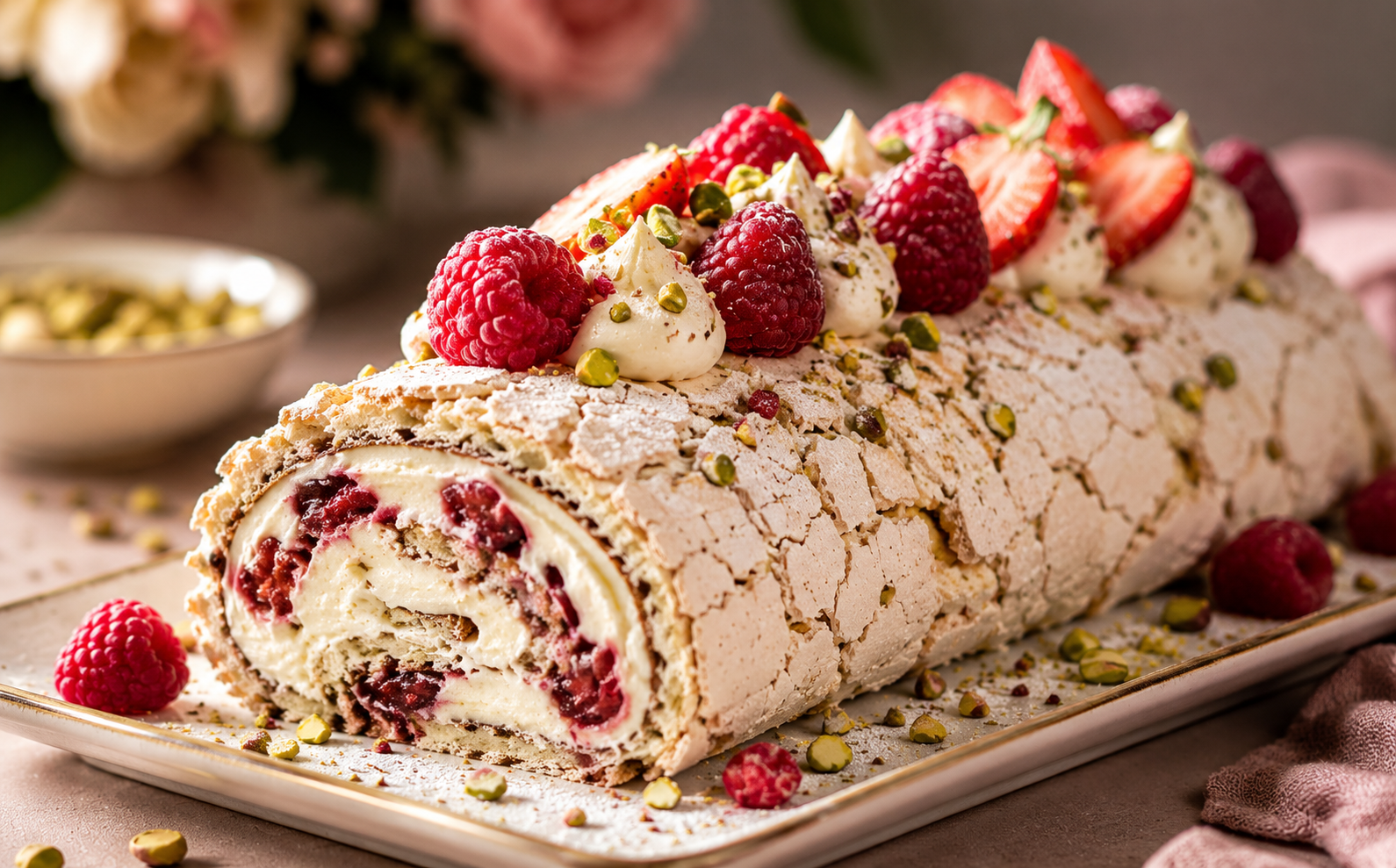 Pistachio meringue roll with berries and cream