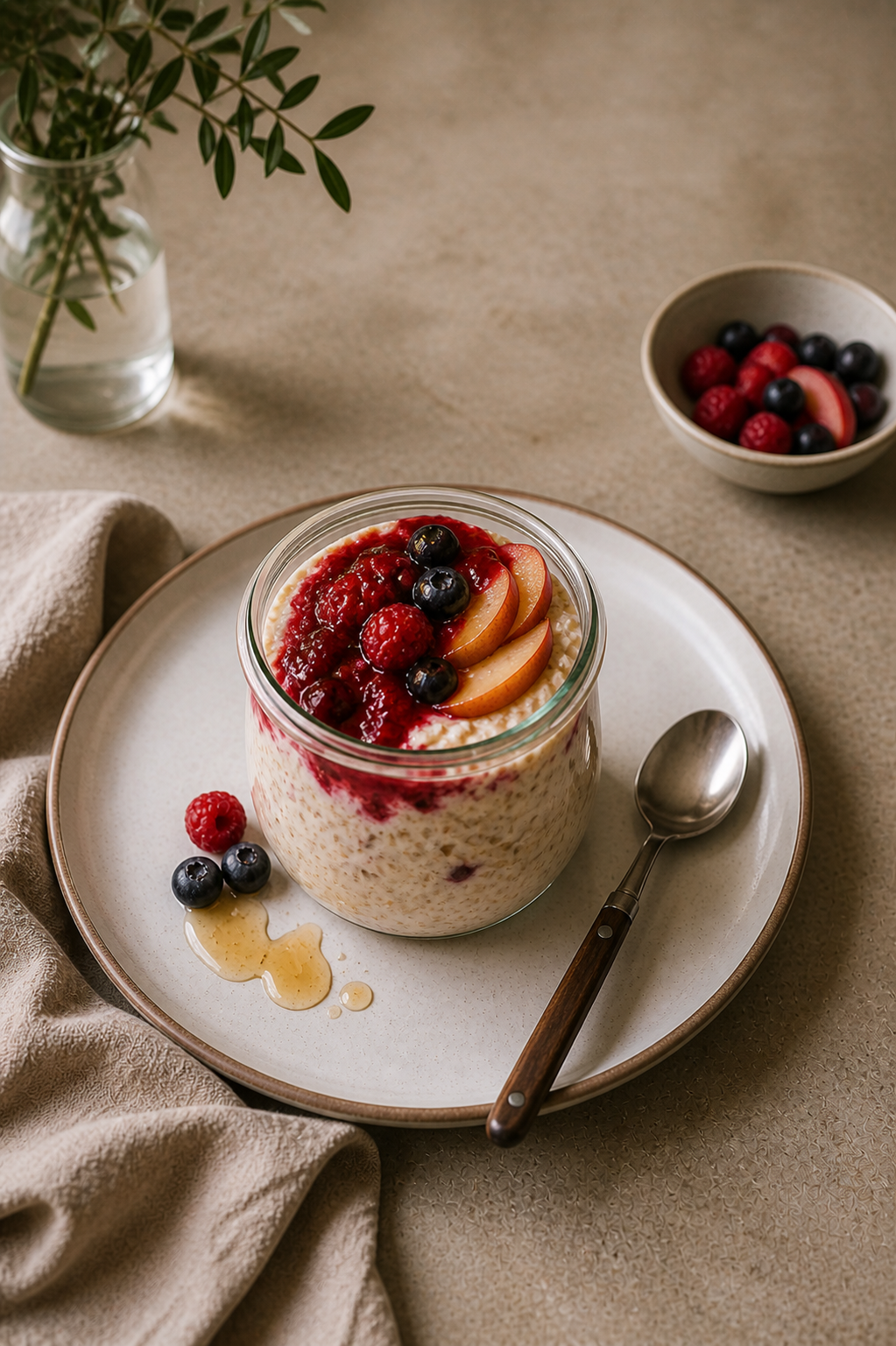 Vanilla bean overnight oats topped with fresh peach slices in a glass
