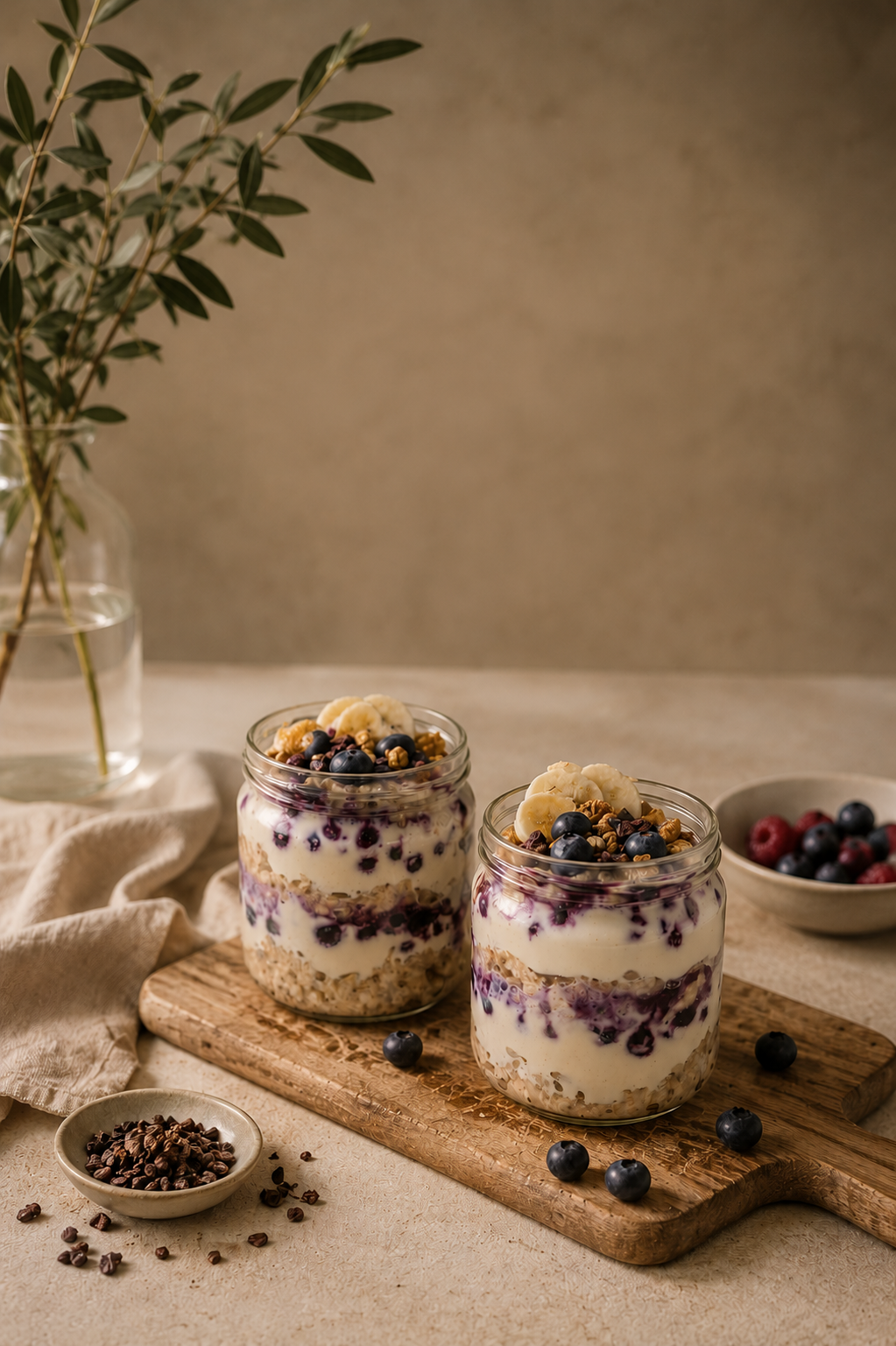 Vanilla bean overnight oats with berry layers in two glass jars on a wooden board