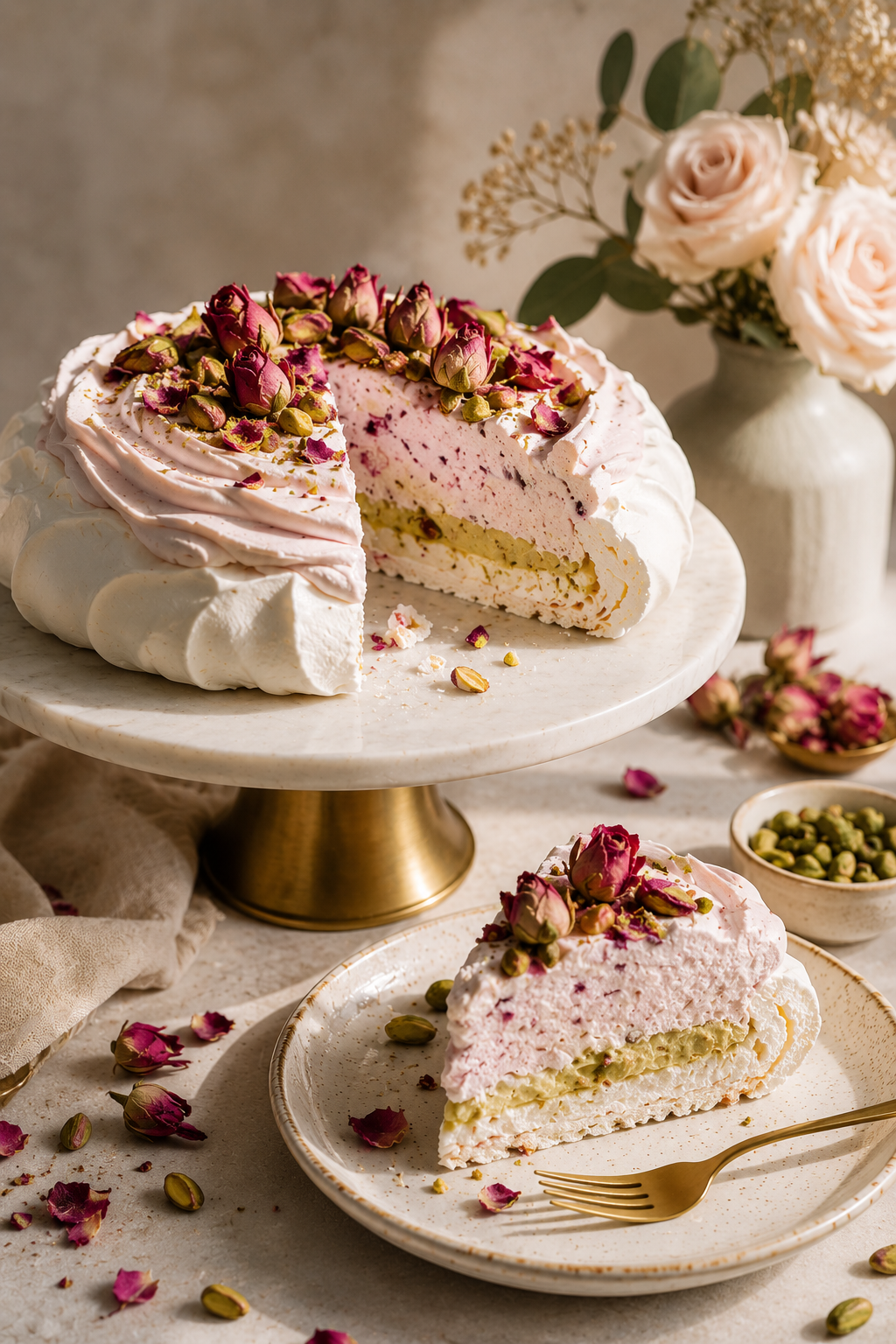 Pistachio and rose pavlova on a white plate with rose petals and crushed pistachios
