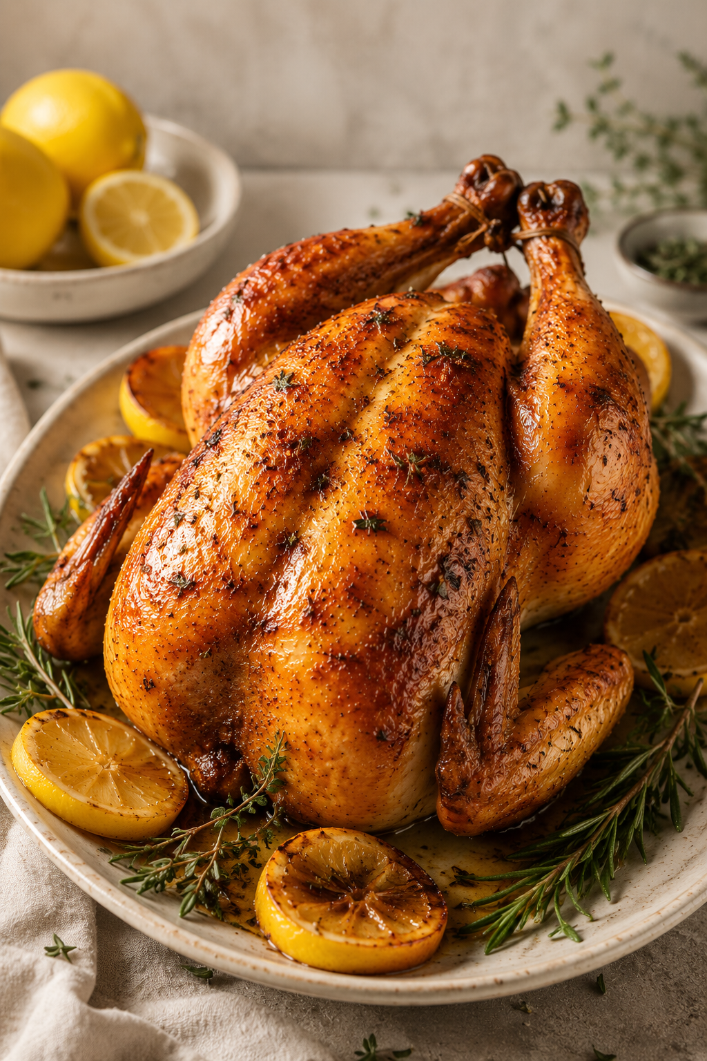 Golden Meyer lemon roast chicken with herbs and caramelized lemons