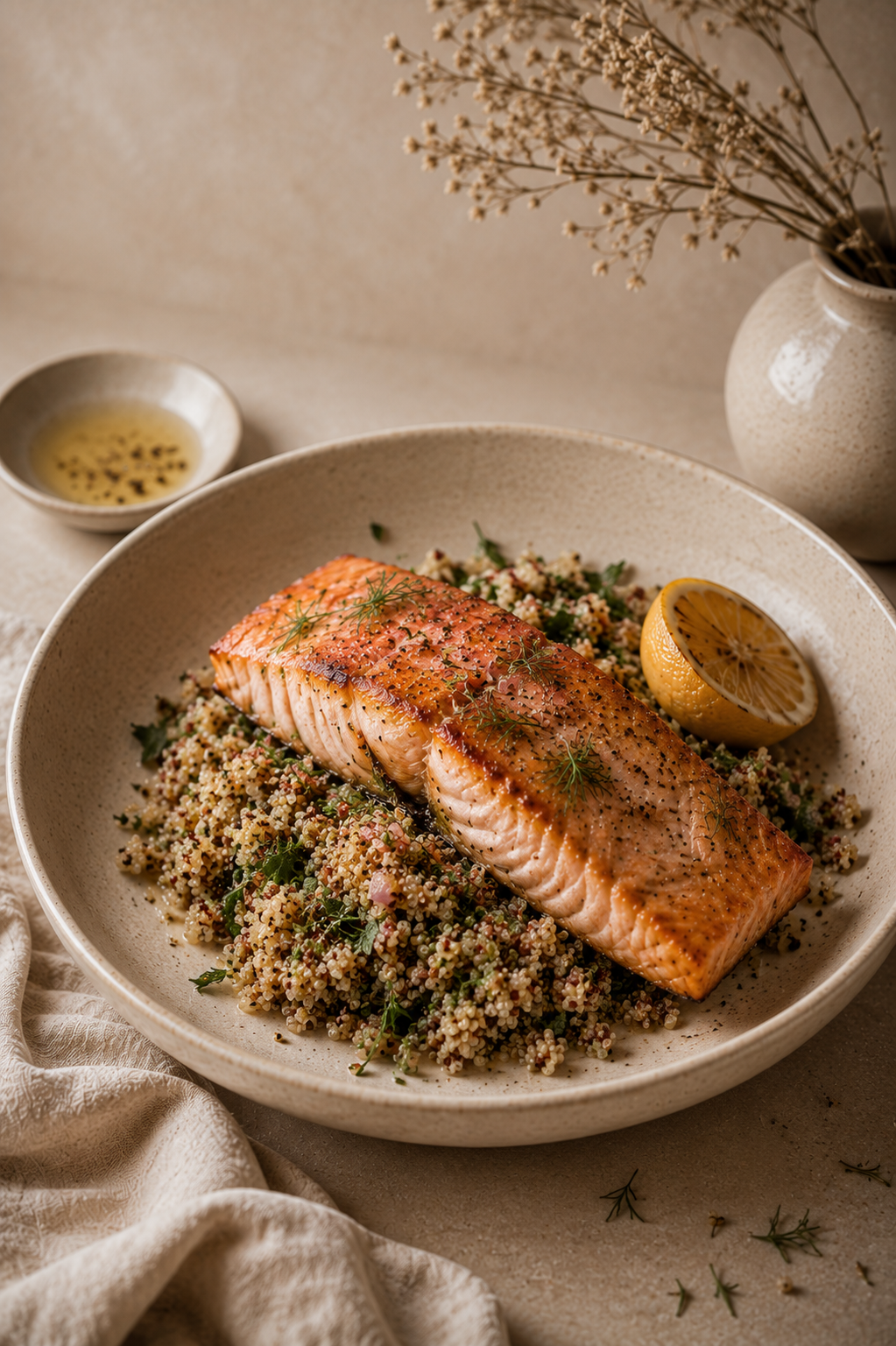 Salmon fillet over saffron quinoa with lemon in warm luxury styling