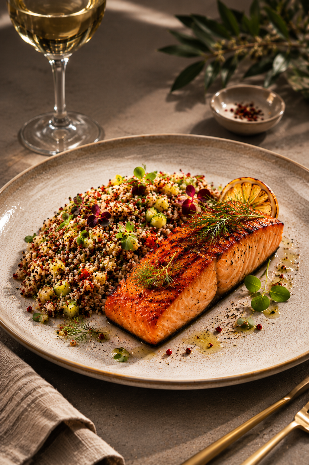 Harissa-glazed salmon with quinoa, herbs, lemon, and white wine