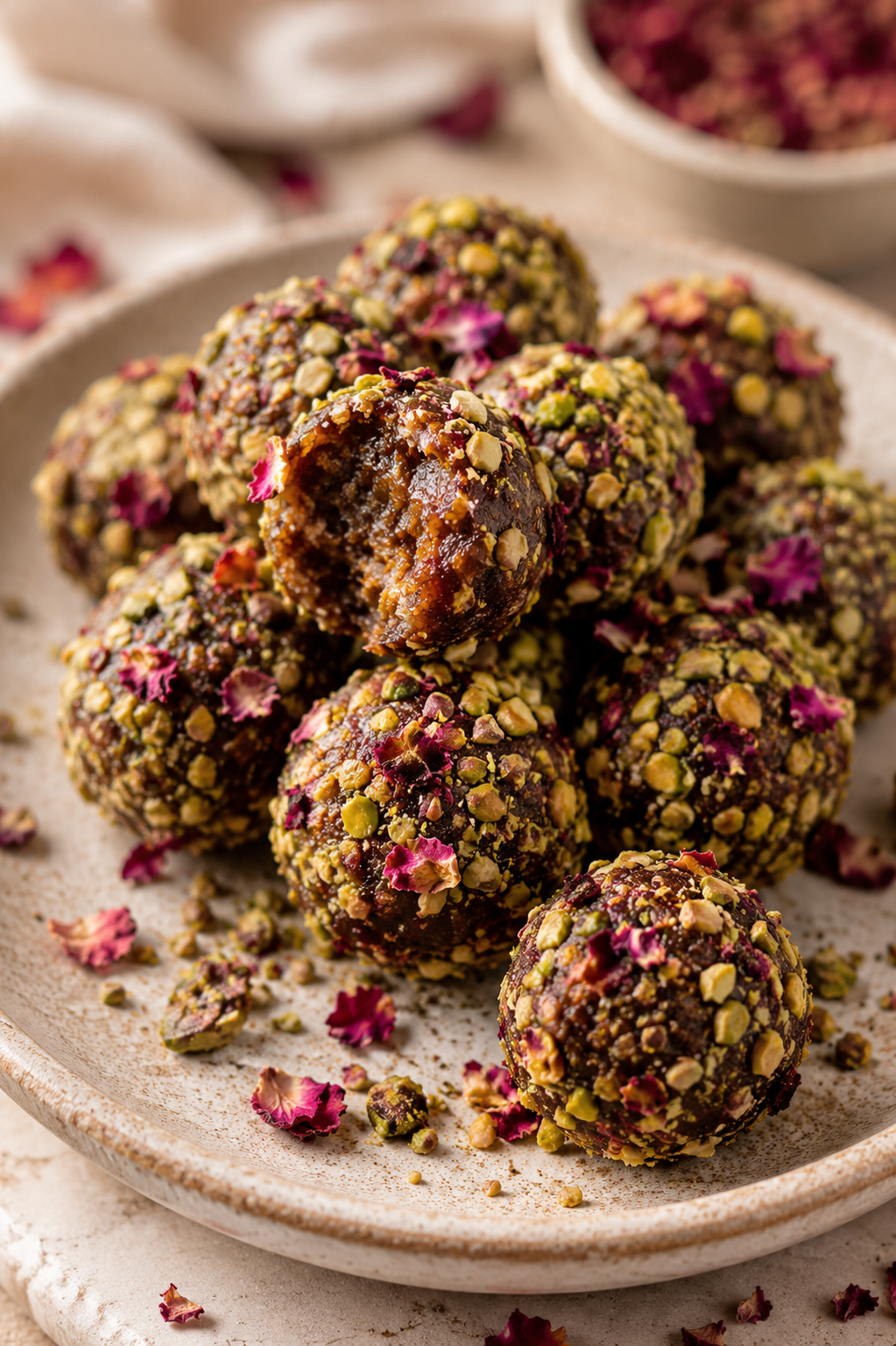 Tahini date truffles coated in pistachios on a ceramic plate